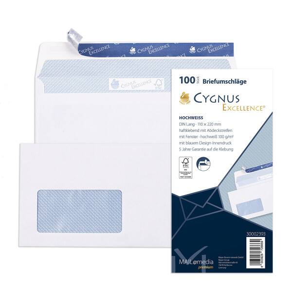 Cygnus Excellence® Briefhüllen mit Fenster weiß 110x220 - DIN Lang